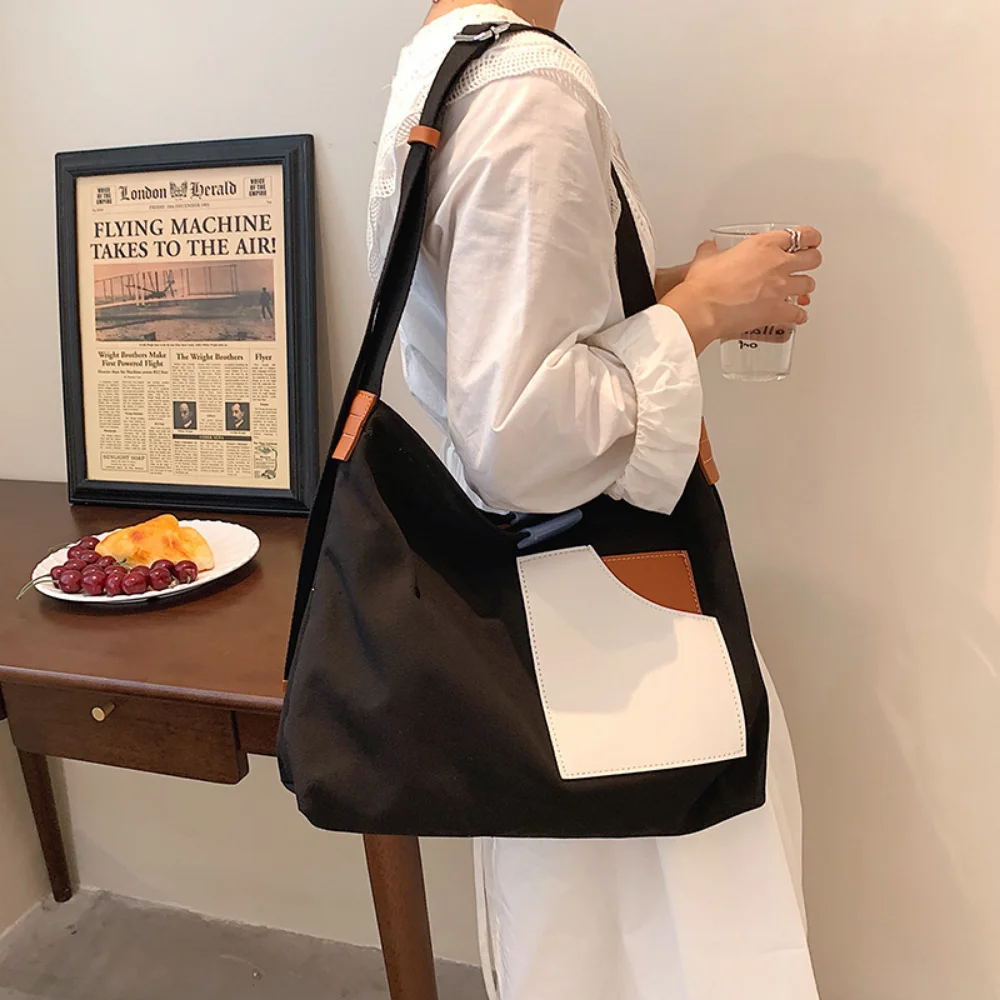 Fashion Patchwork Canvas Shoulder Tote Bags Women Designer Simple Versatile Handbags Large Capacity Female Casual Shopper Bag