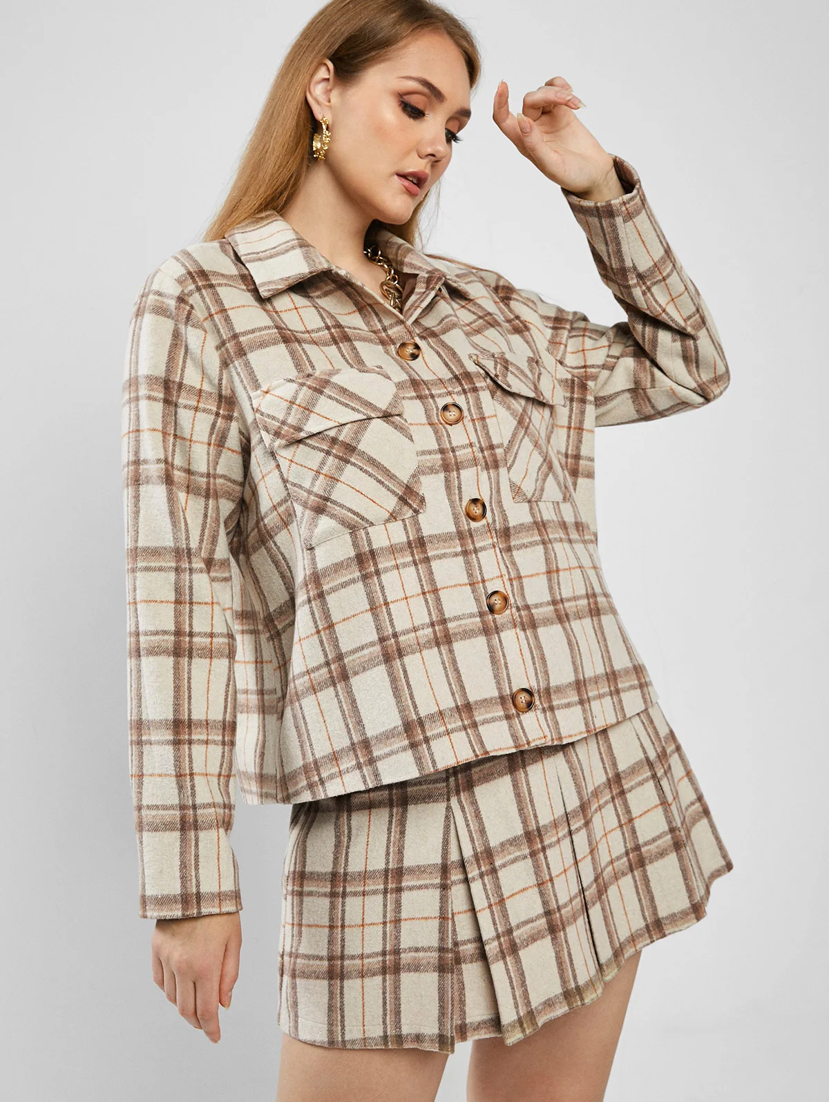 

ZAFUL 4XL 5XL Flannel Plaid Single Breasted Pocket Shacket Shirt Jacket Women Wide-waisted Shirt Collar Long Sleeves Fall Winter