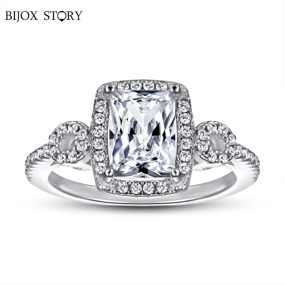 Pure Silver Moissanite Rings For Women White Gold Plated With 6*8mm 2ct Moissanite Engagement Bride Wedding Gift