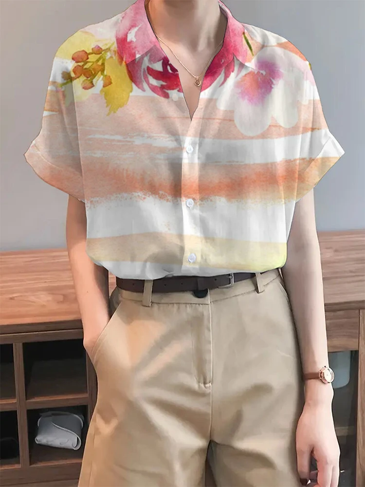damska koszula z krótkim rękawem i klapami jednorzędowa modna letnia w kwiaty nadrukiem wygodna