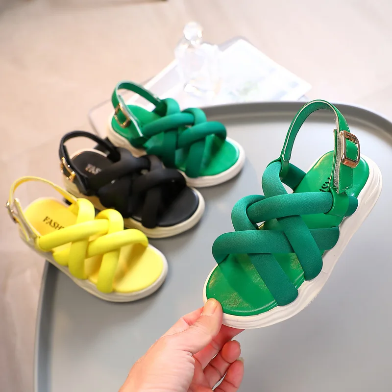 

Fashion Girls Sandals Pinkycolor Cross Webbing Hook Loop Beach Shoes For Kids Princess Soft Comfortable Barefoot Children Sandal
