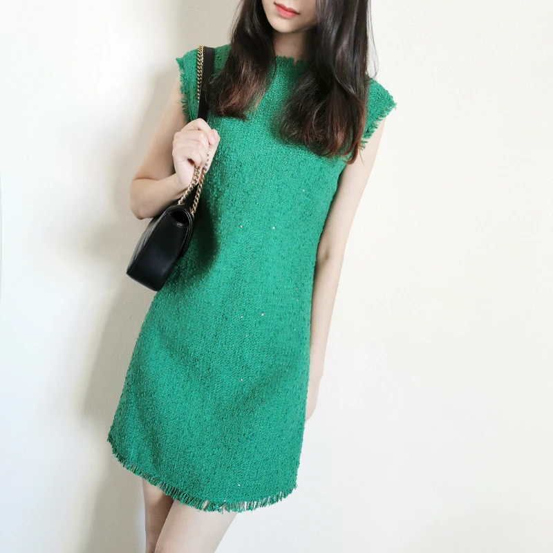 

Green Tweed Beaded Sleeveless Mini Cotton Dress Only US 2 4 6 8