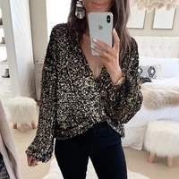 long sleeve blouses for women sequins glitter black clubwear blouse tops sexy tied deep v neck streetwear party tops fashion