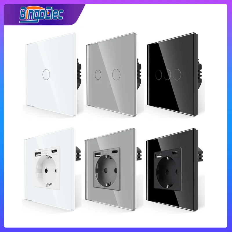 

Bingoelec EU Standard USB Socket 18W Type-C Fast Charging Sockets Touch Switch 16A 250V Glass Panel Outlet