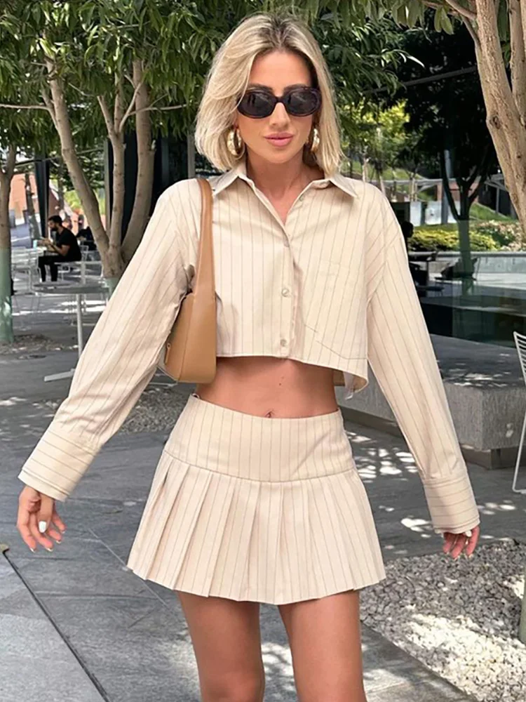 

Preppy Style Striped Sets Womens Outfits 2023 Long Sleeve Cropped Shirt And High Waist Skort Mini Pleated Skirt Two Piece Set