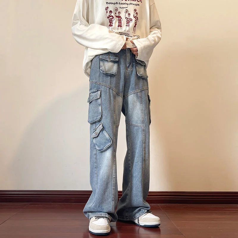 Blue Baggy Jeans Men Fashion Multiple Pockets Cargo Jeans Men Streetwear Hip Hop Loose Straight Denim Pants Mens Trousers M-2XL