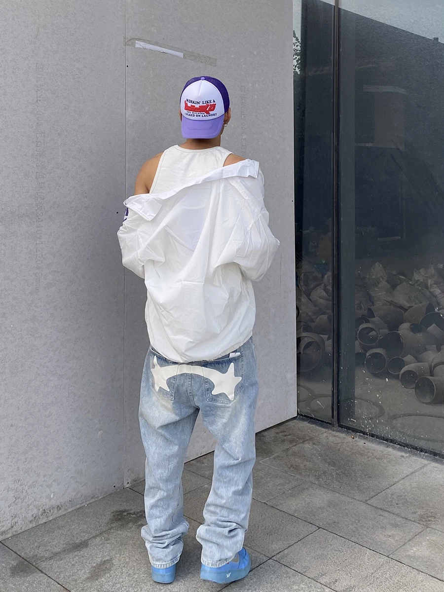 Four Seasons Loose Jeans Men Y2K Fashion Designer Black Star Print Pants Bottoms Street Casual Low Waist Loose Straight Jeans