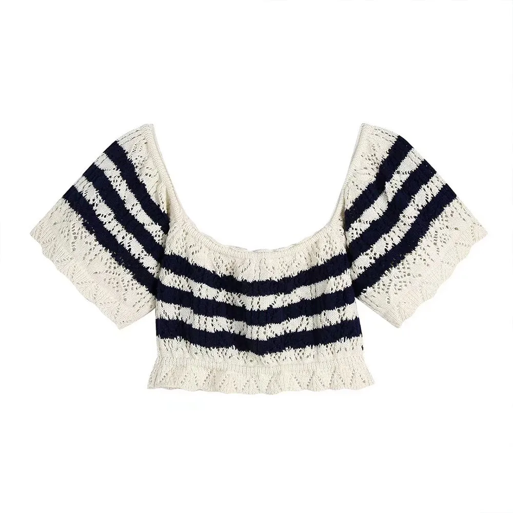 

Women's 2022 Spring New Fashion Stretch Layered Jacquard Mesh Knit Tops Short Sleeves Round Neck Cotton Cropped Tops