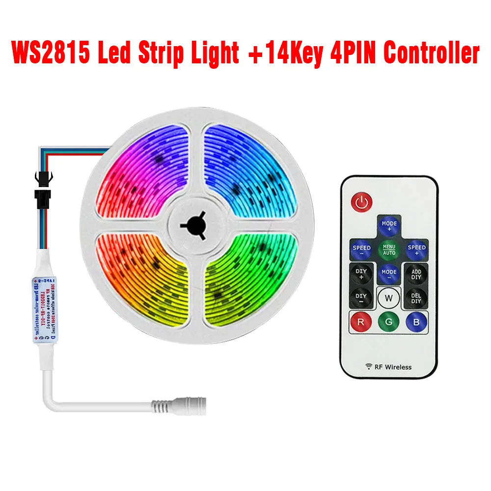 

DC12V WS2815 LED Strip Lights (WS2812B Updated) Individually Addressable Dual Signal 14Key 4Pin RF Controller 30/60/144Leds/m
