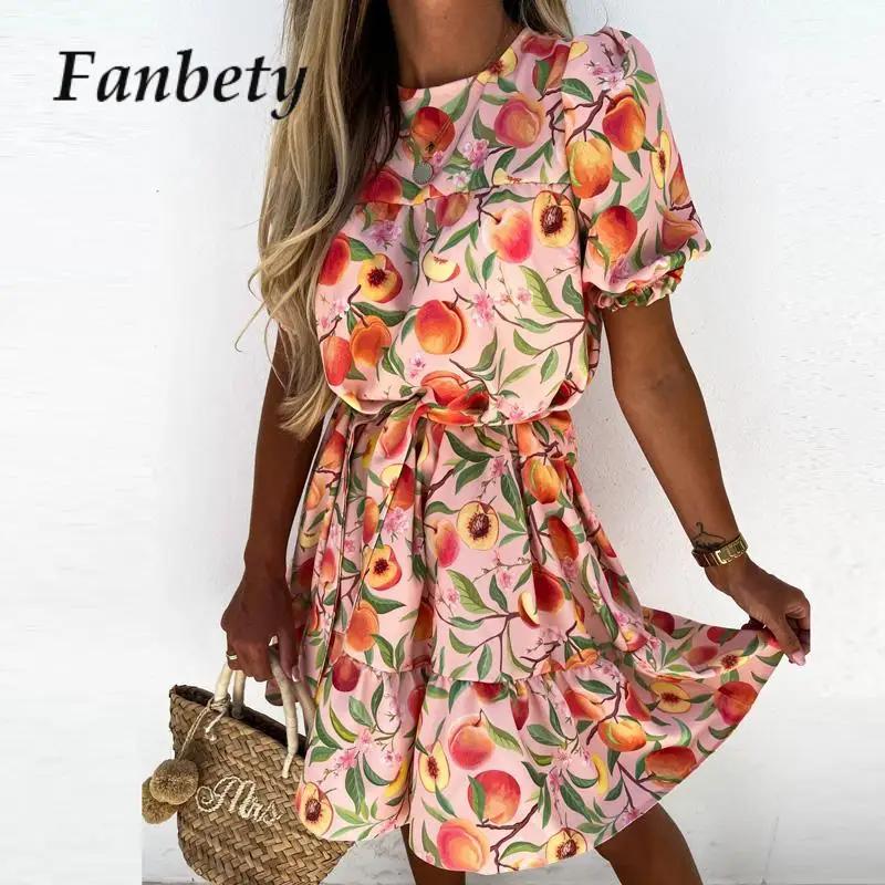 

Женское пляжное платье с коротким рукавом, повседневное весеннее мини-платье с цветочным принтом и оборками, женское летнее плиссированное платье с поясом и завязкой, 2023