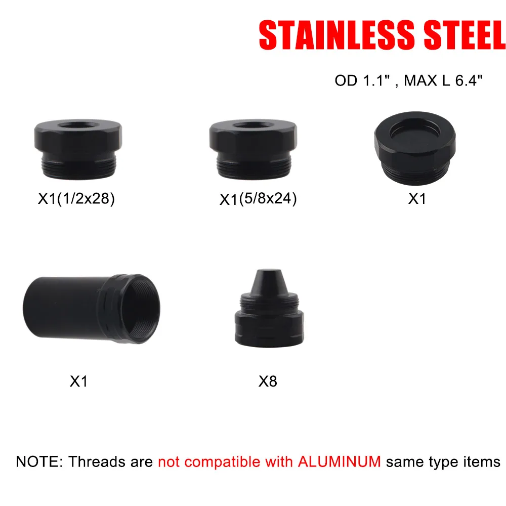 

1.1''OD, MAX L: 6.4'' stainless steel 1/2-28 Modular screw cup kits 1/2x28 5/8-24 end cap JIG 9/32 booster black