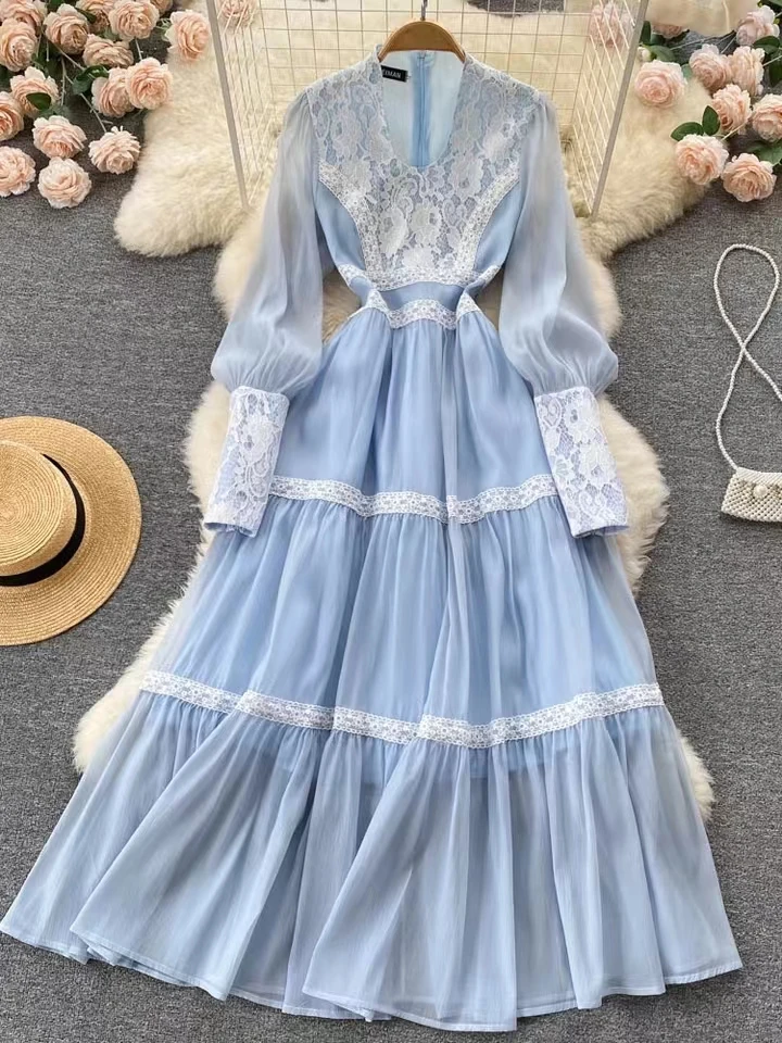 

WITNAYUW New Fashion Spring Summer Lace Patchwork Slim Lady Full Dress A Line Chiffon V Neck Pullover Puff Sleeve Women Dresses