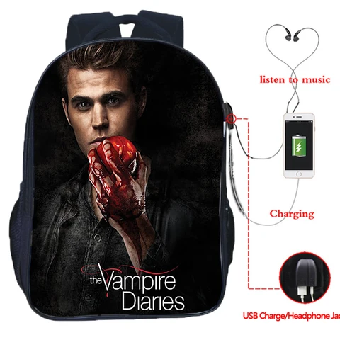 Дневники вампира USB большой емкости для подростков, косплей, школьная сумка Damon для студентов, мальчиков, дорожный рюкзак для ноутбука, детские сумки для книг