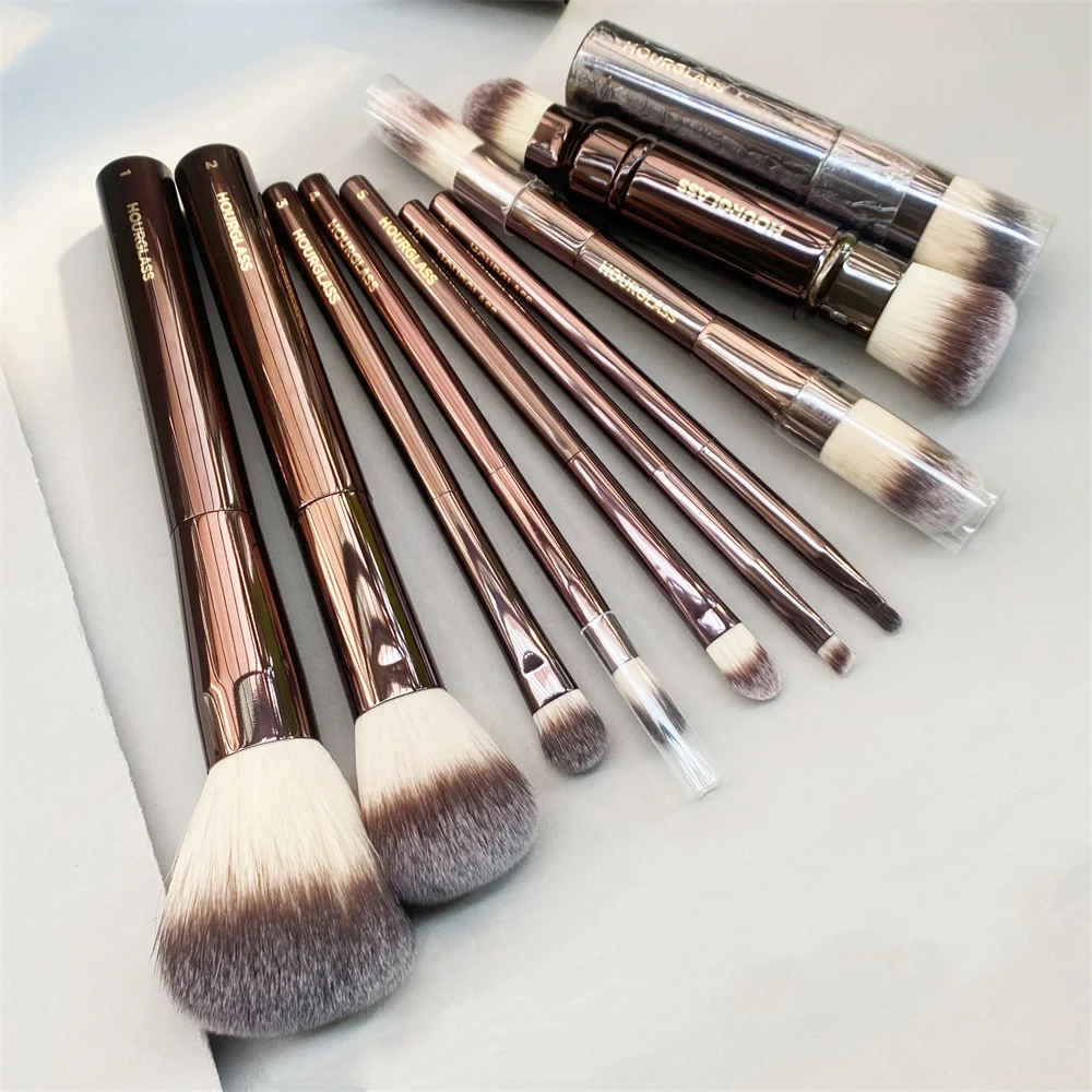 

Hourglass Makeup Brushes Set - 10-pcs Powder Blush Eyeshadow Crease Concealer eyeLiner Smudger Metal Handle Brushes