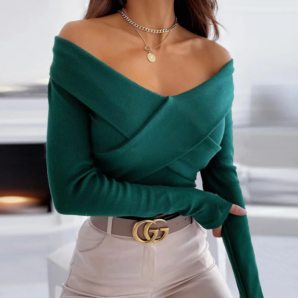 

Fashion casual women's long-sleeved top 2022 spring new sexy double V-neck knitted sweater short bottoming shirt top