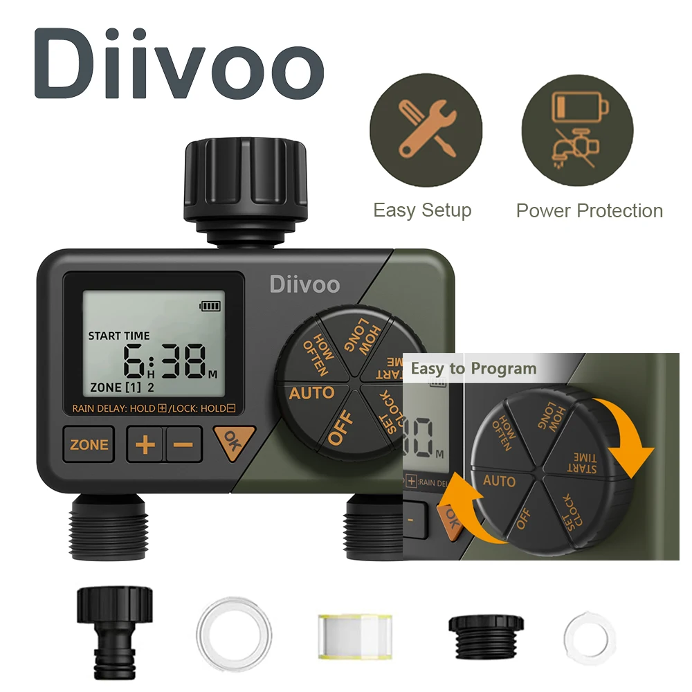 Diivoo Drip Irrigation Controller Outdoor 2 Zone Programmable Garden Water Timers Automatic Irrigation System Controller