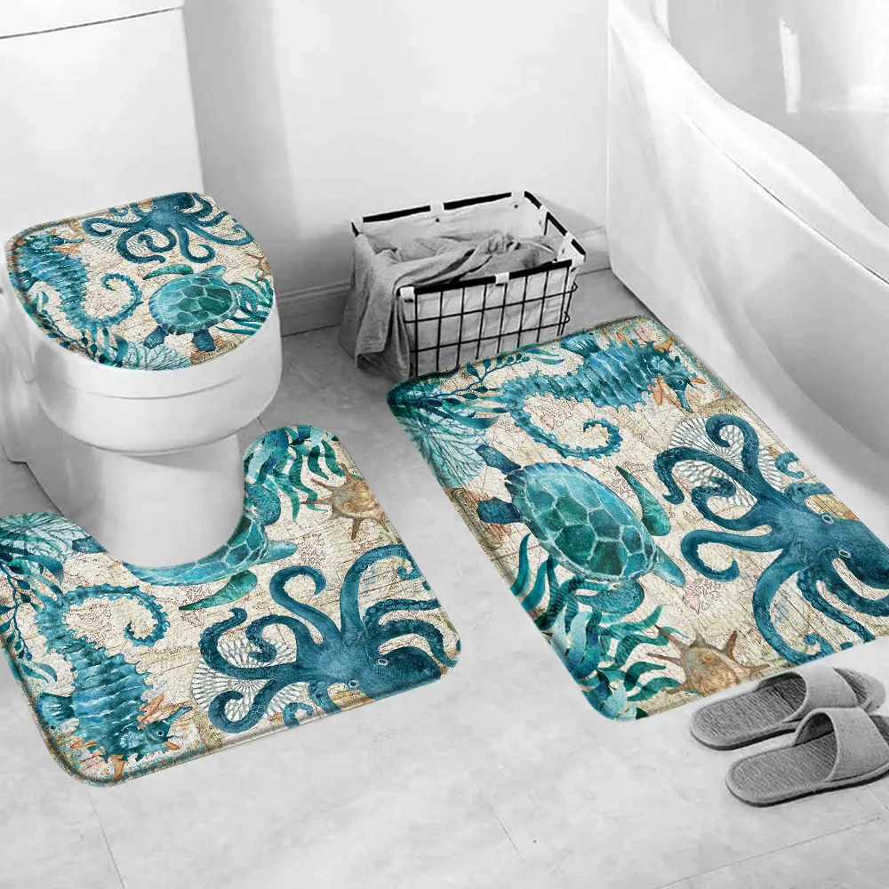 Ocean Turtle Bath Mat Set Green Octopus Rainbow Background Flannel Non-Slip Rug Living Room Bedroom Doormat Home Bathroom Decor