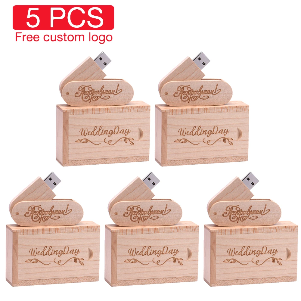 

JASTER 5 PCS LOT USB Flash Drive Free Custom Logo Pen drive Wooden Box Pendrive 16G 32GB 64GB U Disk Photography Wedding Gift
