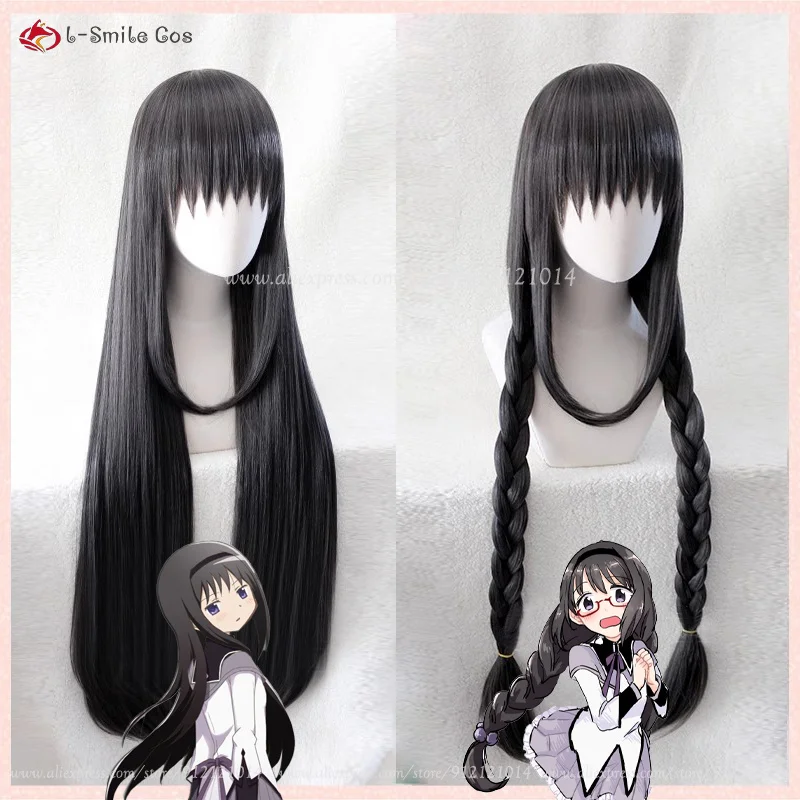

90cm Akemi Homura Cosplay Wig Anime Puella Magi Madoka Magica Cosplay Black Twisted Braid Hair Halloween Women Wigs + Wig Cap