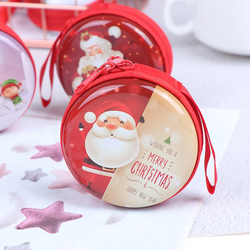 

1PC Cute Xmas Christmas Candy Tin Coin Purses Candy Jar Iron Boxes Round Headphones Bag Cartoon Kids Coin Organizer