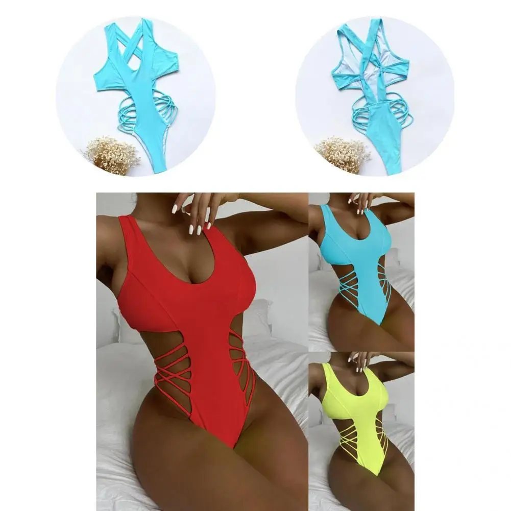 

Chic Bathing Suit Sexy Cross Strap Monokini Solid Colors Summer Bathing Suit