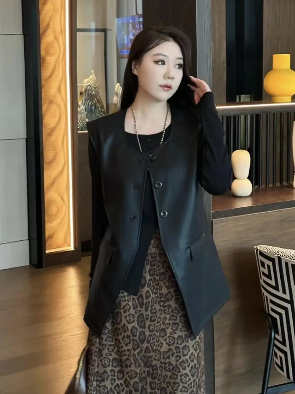 Женская одежда больших размеров Samei Street новая мода однотонный кожаный жилет без