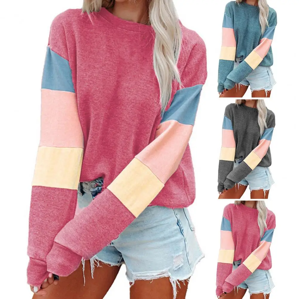 

Autumn Blouse Round Neck Color Block Pullover Loose Long Sleeves Soft Casual Contrast Colors Women T-shirt for Daily Wear
