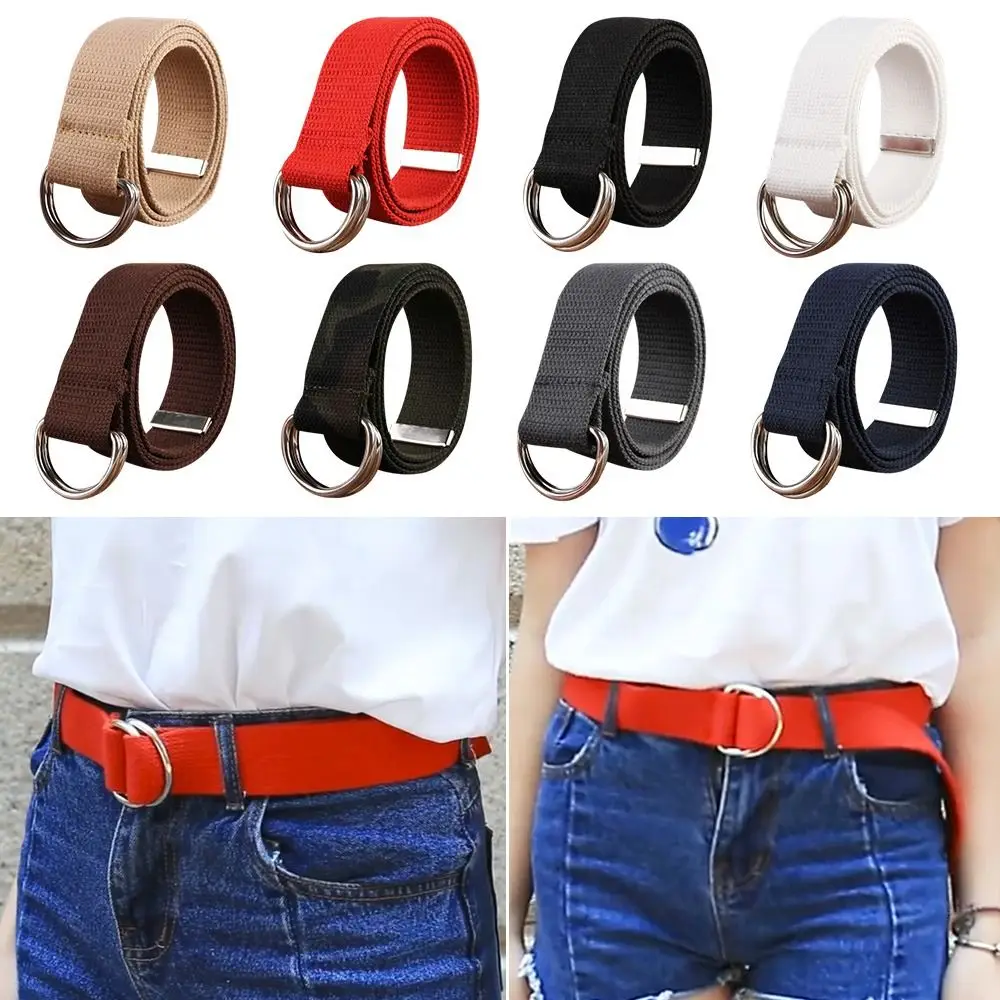 

Men Women Silver Buckle Versatile Casual Canvas Strap Weave Waist Band Nylon Braided Belt Double Ring Waistband