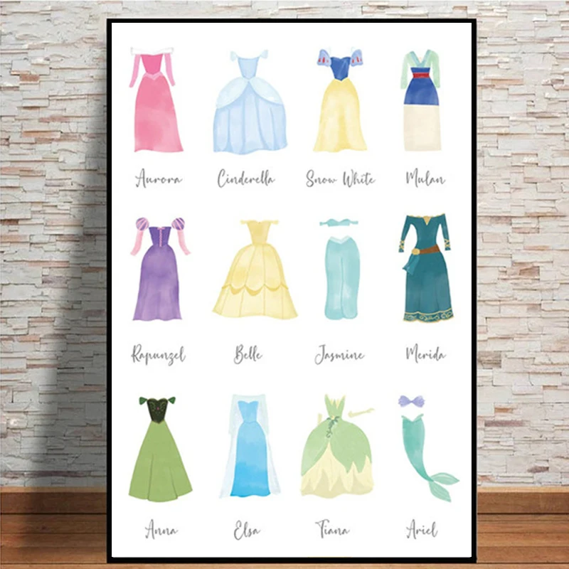 

Disney Princess Dresses Poster Prints For Girls Bedroom Cartoon Abstract Snow White Cinderella Canvas Painting Wall Art Decor