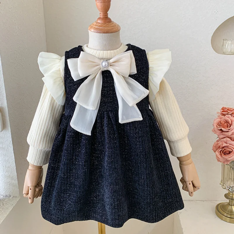 

Girls Dress Winter Velvet Lined Thicken Dresses Baby Birthday Party Princess Evening Kids Bow Knit Shirt + Sundress 2pcs Sets