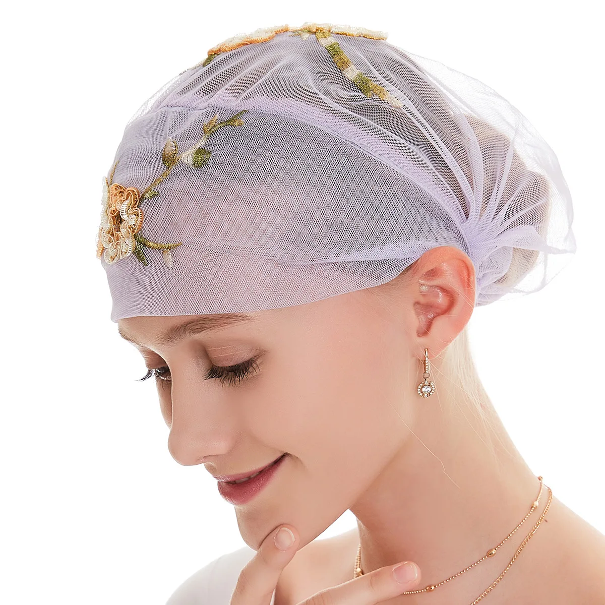 

Muslim lace mesh cloth embroidered with a headscarf African head wraps for women Muslim hats women Turban cap