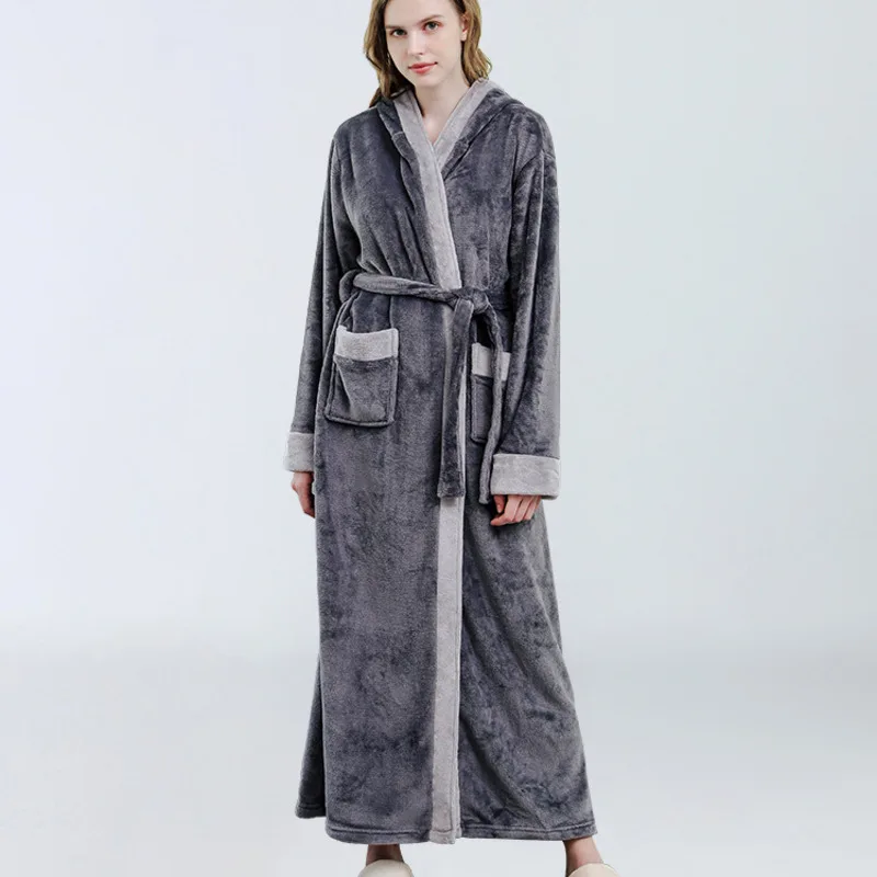 

Winter Bathrobe Women Flannel Fleece Warm Robe Kinomo Thicken Hood Pajama Home Night Gown Sleep Knitted Robes Clothes Plus Size