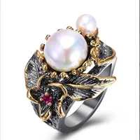wholesale vintage black flower plants white round pearl silver color ring for women party jewelry female hand accessories