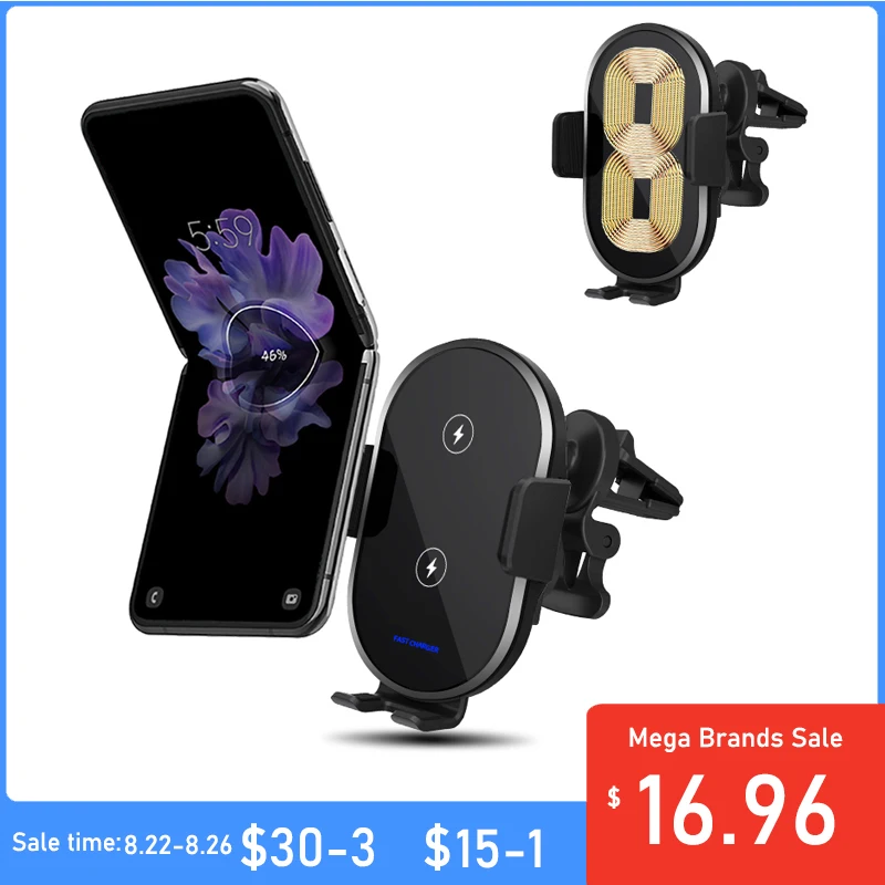 Dual Coils Wireless Car Charger Holder Cell Phone Mount Smart Sensor QI 15W Fast Charging for Samsung z flip 2 3 S9 iPhone 13 12