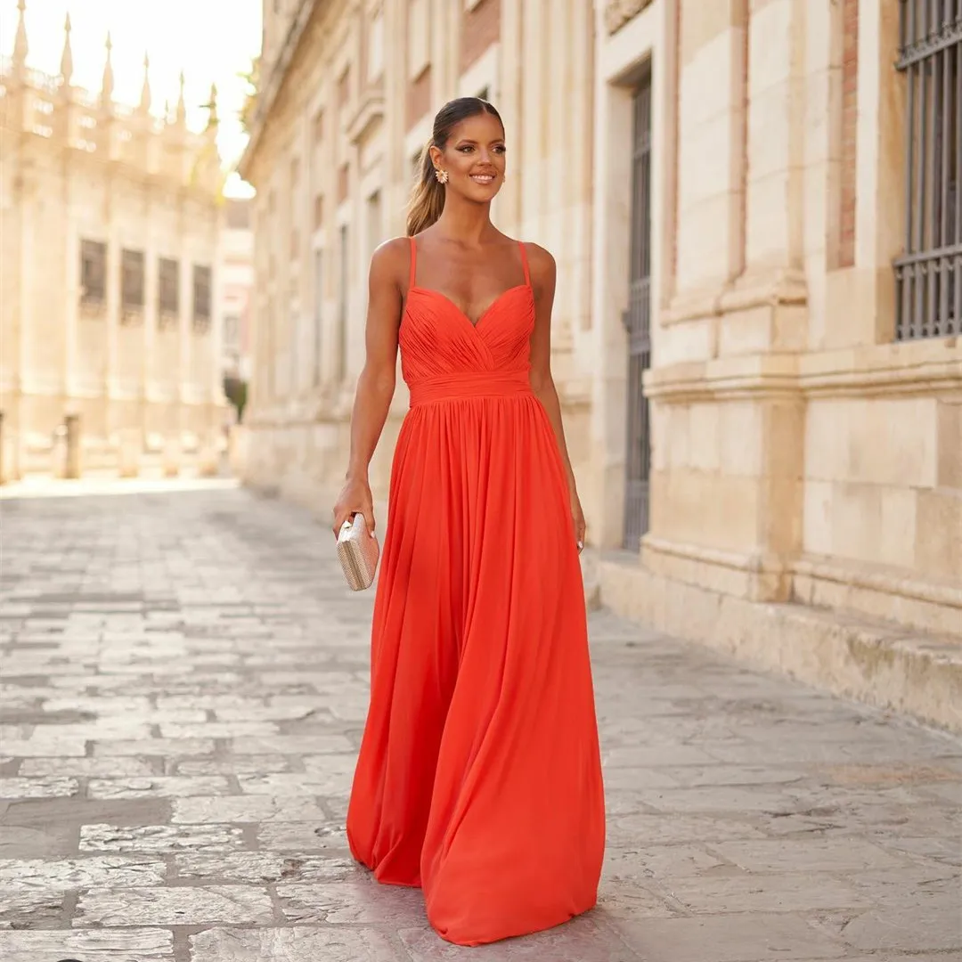 

Женское шифоновое платье-трапеция, Красное длинное платье до пола с V-образным вырезом, элегантное плиссированное платье для выпускного вечера