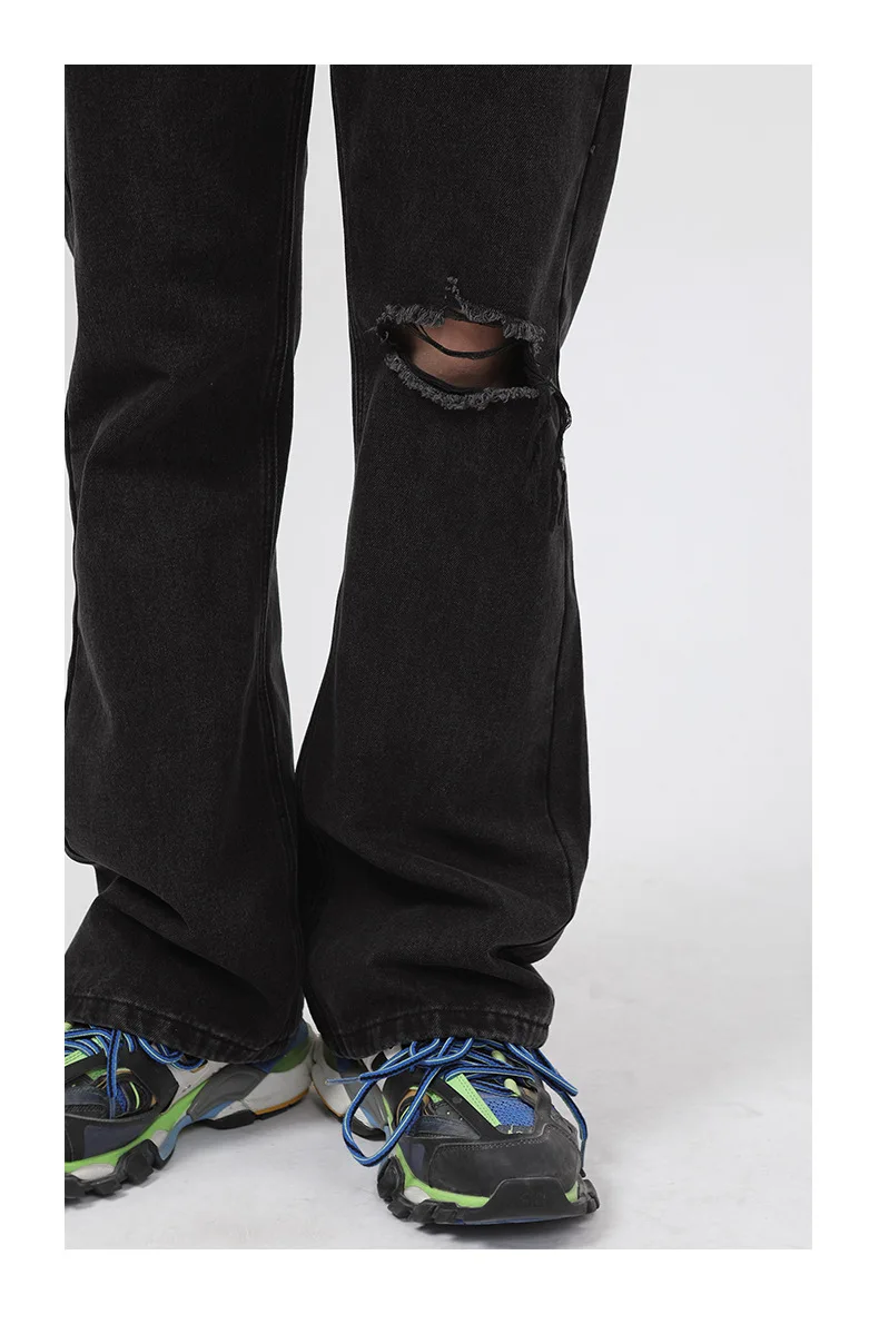 Four Seasons Korean Version Loose Hole Micro-Flare Design Jeans Men's Wide Leg Pants Men's Streetwear Ins Hot Sale Men Clothing
