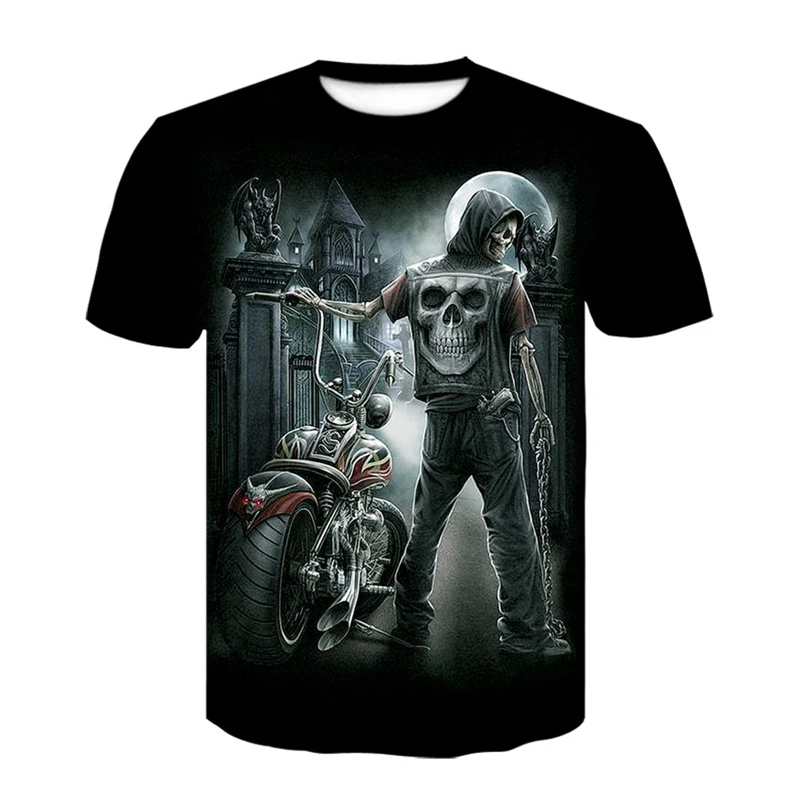 

Fashion Novelty 3D Print Men's T-Shirt Horror Skull Motorcycle O-Neck Short Sleeve Casual Breathable Oversized Male Top Homme