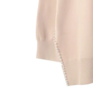 

Women Sweater Side Split Pearls Solid Color Pullover