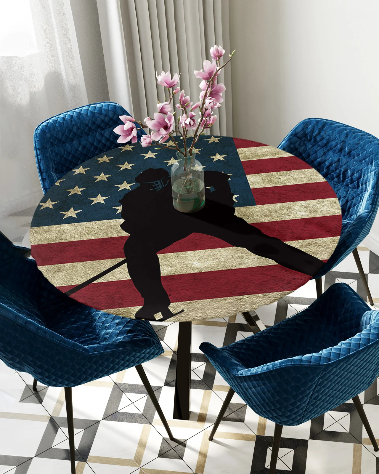 

Retro Flag Sport Hockey Round Table Cloth Cover Home Kitchen Dining Room Waterproof Elastic Tablecloth