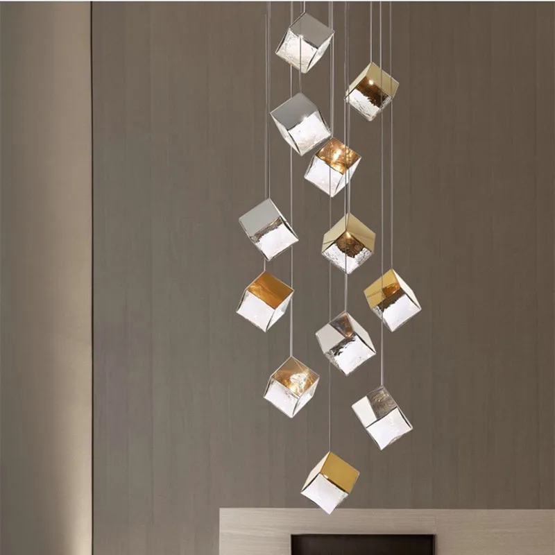 

Led Art Chandelier Pendant Lamp Lights Room Decor Villa Stairs Ice Glass Lustre Plated Gold / Chrome Steel Cable Hanging Fixture