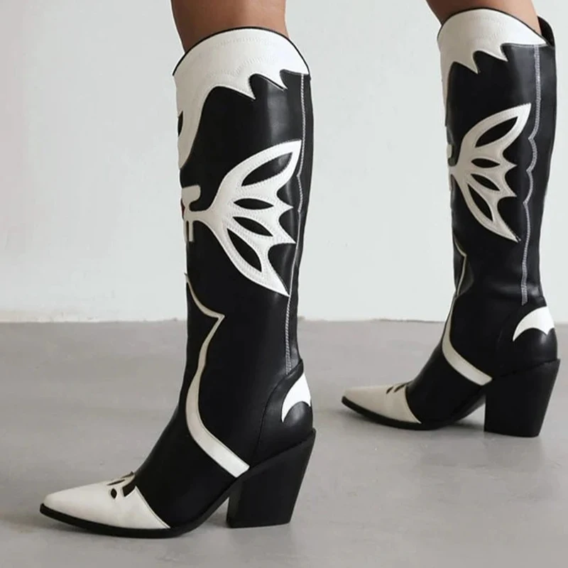 Купи Pointed Toe Western Cowboy Boots Womens Embroidered Black White Knee-length Boots Printed Chunky Heel Runway Shoes Large Size 42 за 6,317 рублей в магазине AliExpress