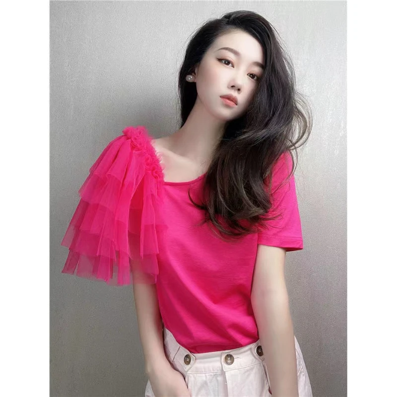 

Mesh stitching diagonal collar sexy short T-shirt women Korean fashion spice high street design sense graphic y2k top