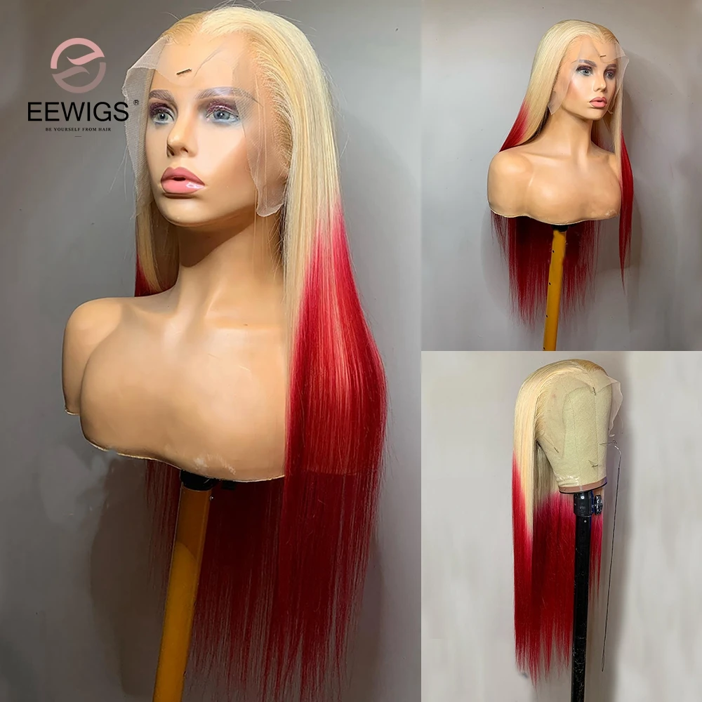 

Honey Blonde Ombre Red Colored 30 Inch Long Straight Glueless 13x4 Synthetic Lace Front Cosplay Wigs For Women With Baby Hair