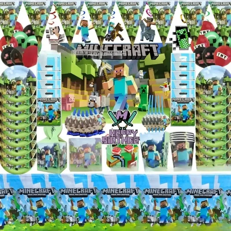Фото Горячая распродажа! Украшения для дня рождения в стиле Minecraft: салфетки, тарелки, скатерть, стаканы, ножи, вилки, ложки, столовые приборы и принадлежности. №2