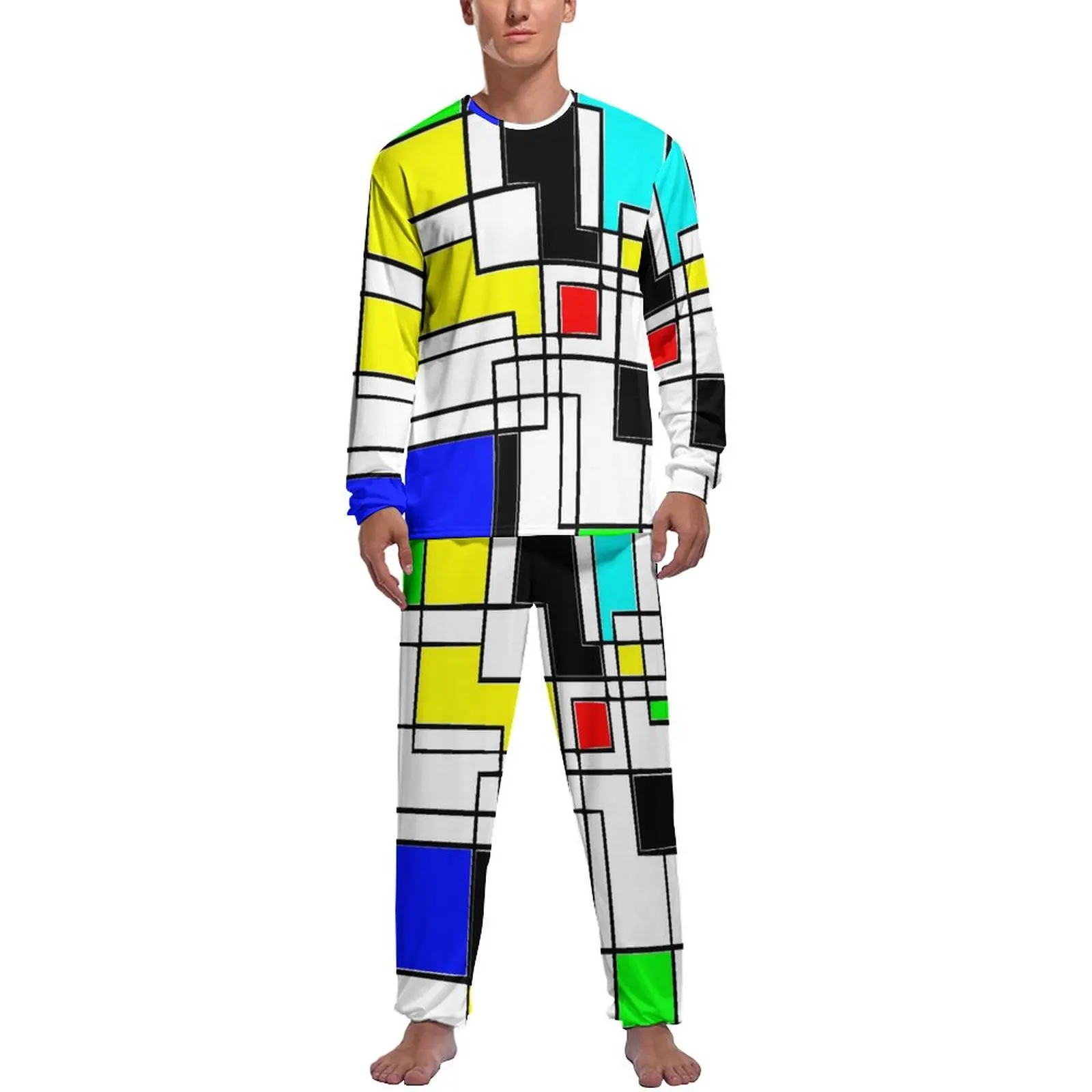 

De Stijl Print Pajamas Men Random Squares Cute Nightwear Autumn Long Sleeve 2 Pieces Bedroom Graphic Pajama Sets