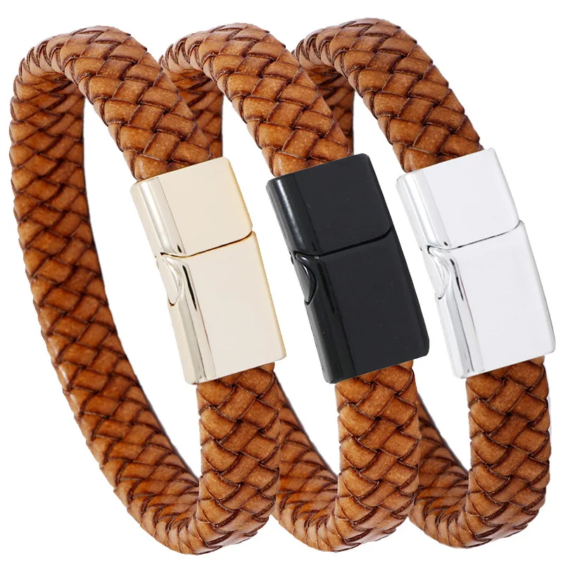 

New Luxury Men Bracelets 3 Colors Stainless Steel Accessories Leather Combination Male Bangle Handwoven Bracelet Birthday Gift