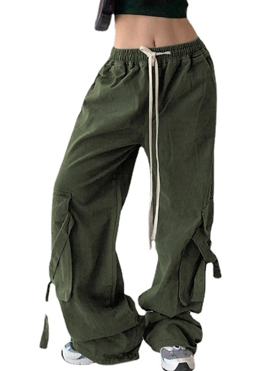 

Women Casual Cargo Trousers Loose Drawstring Elastic Waist Straight-leg Sweatpants with Big Pockets Harajuku Streetwear