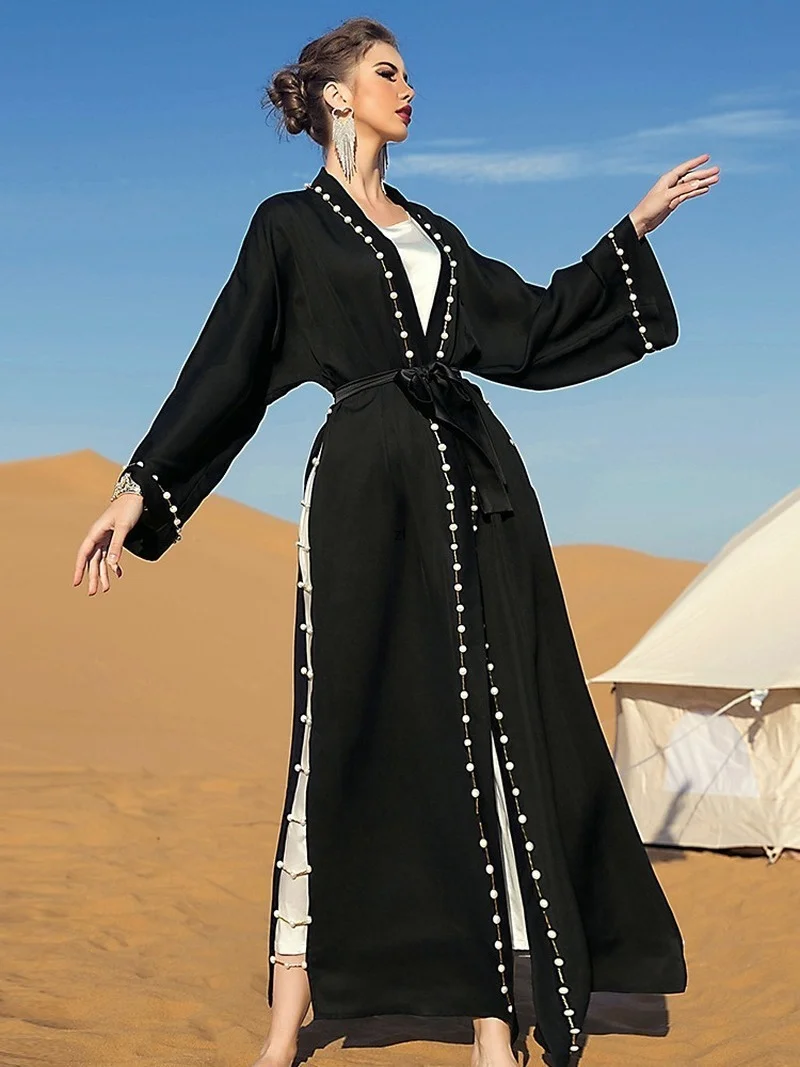 Black Vintage Beaded Long Ladies Abaya Dress Open Kaftan Fashion Muslim Dubai Turkey Kimono Cardigan Robe Oversize With Belt