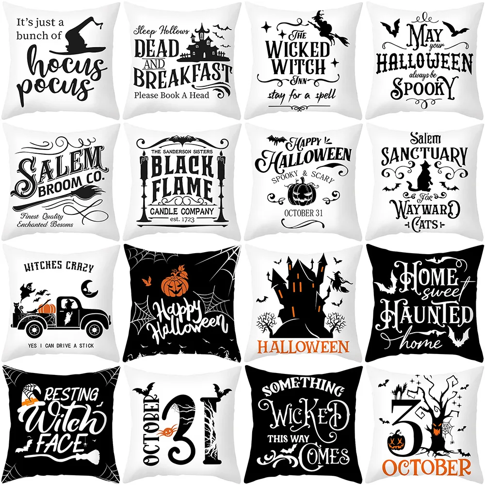 

Halloween Decor Cushion Cover Black And White Pumpkin Letters Pillowcase For Living Room Holiday Party Decorative Pillow Cover