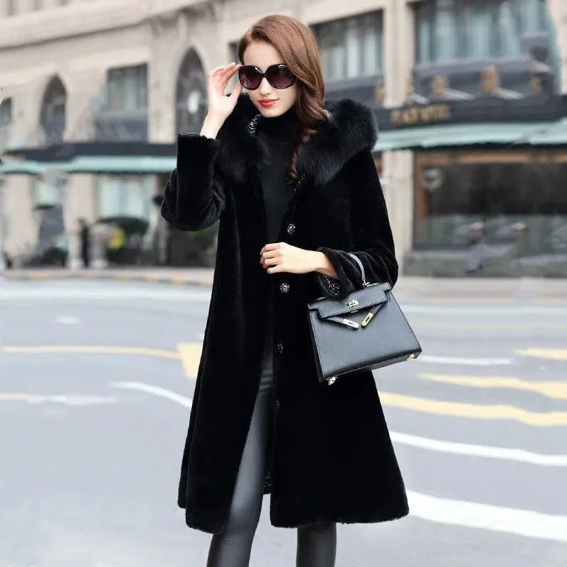 Зимнее длинное черное пальто из искусственного меха норки женское двухстороннее